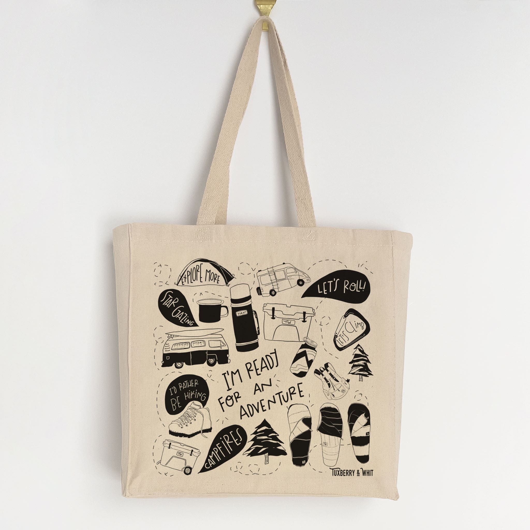 Adventure-themed tote bag with whimsical camping illustrations
