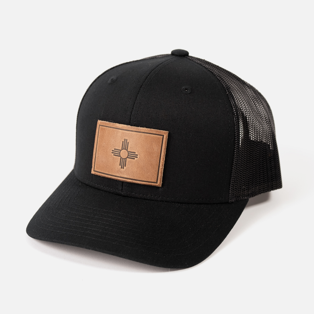 New Mexico Flag Hat | Leather Patch Trucker Hat