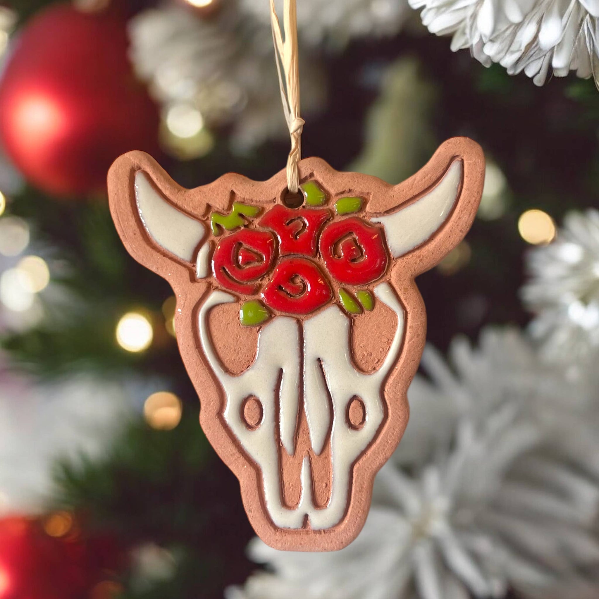 Cow Skull with Roses Artisanally Crafted Ornament