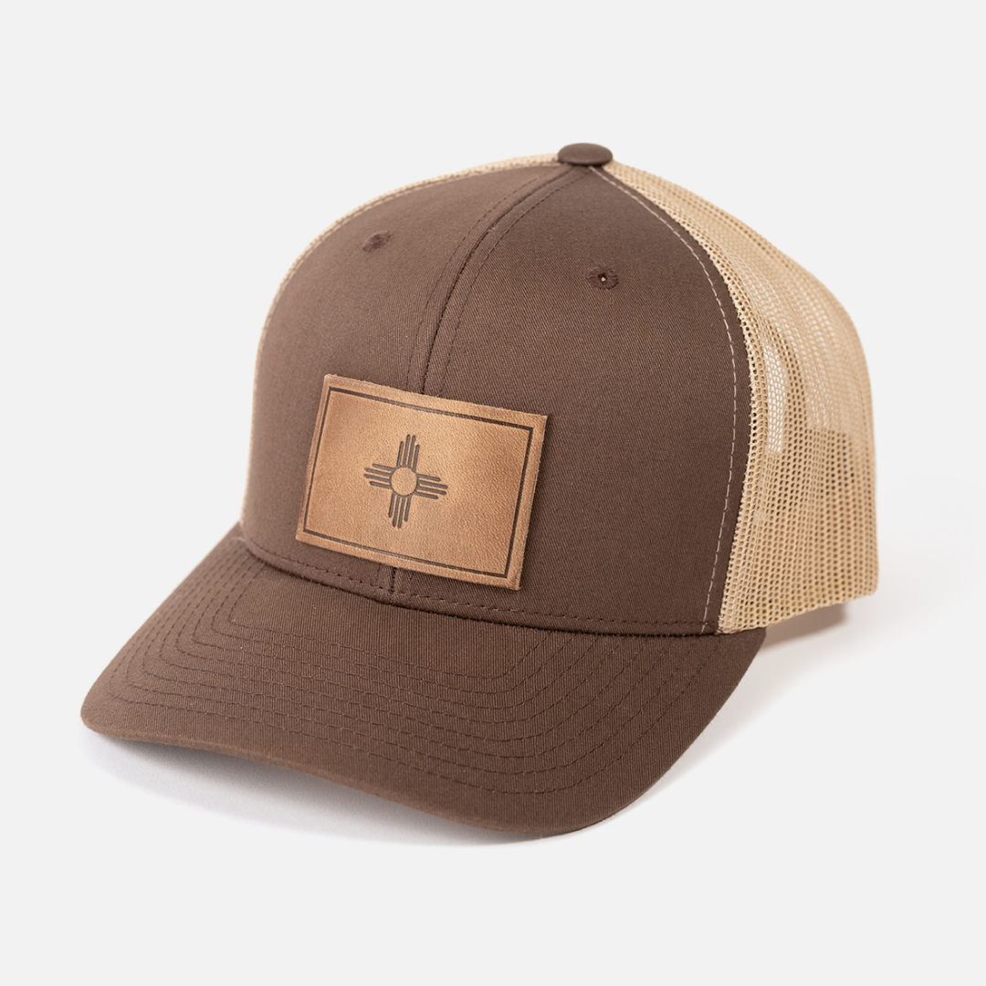 New Mexico Flag Hat | Leather Patch Trucker Hat