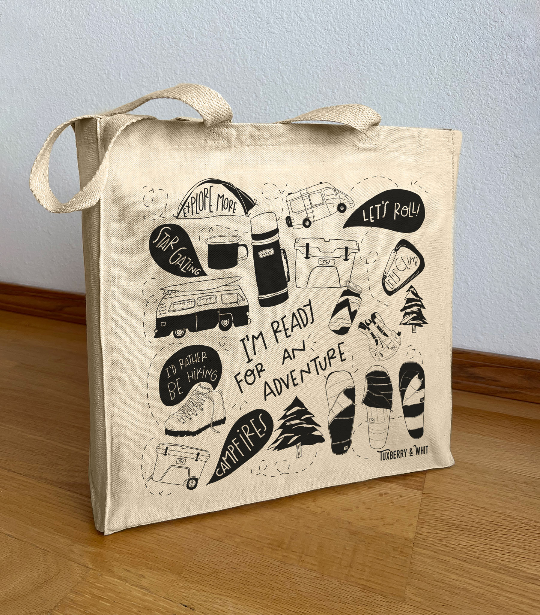 Fun illustrated canvas bag with drawings of camping items.