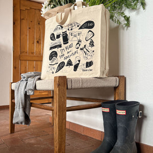 Hit those trails with this cute illustrated canvas tote featuring camping drawings from Tuxberry & Whit.