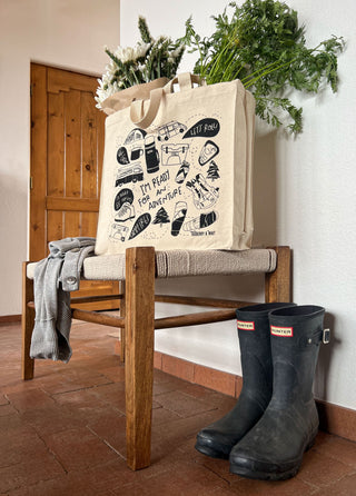 Hit those trails with this cute illustrated canvas tote featuring camping drawings from Tuxberry & Whit.