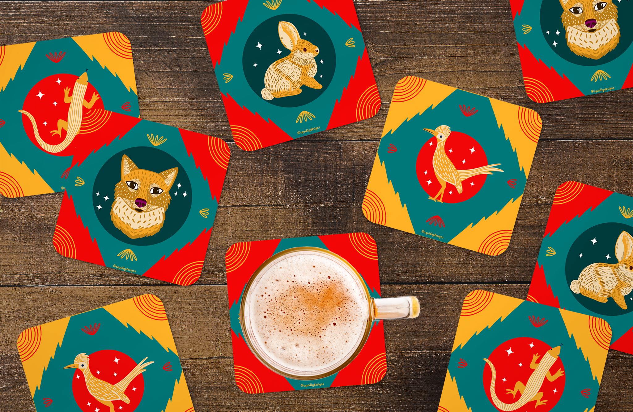 Squidly Designs - Coaster Set - Desert Animals Teal and Red