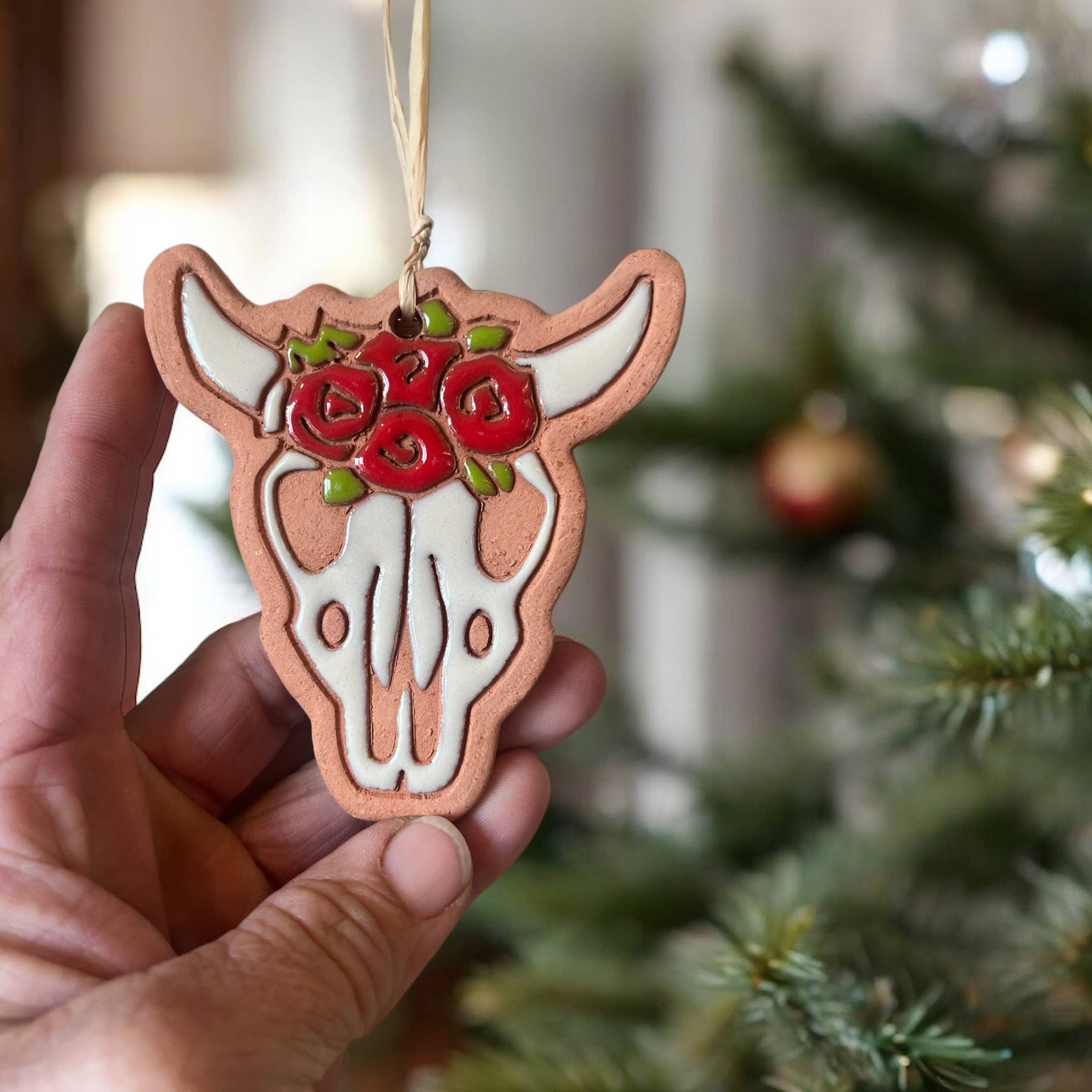 Cow Skull with Roses Artisanally Crafted Ornament
