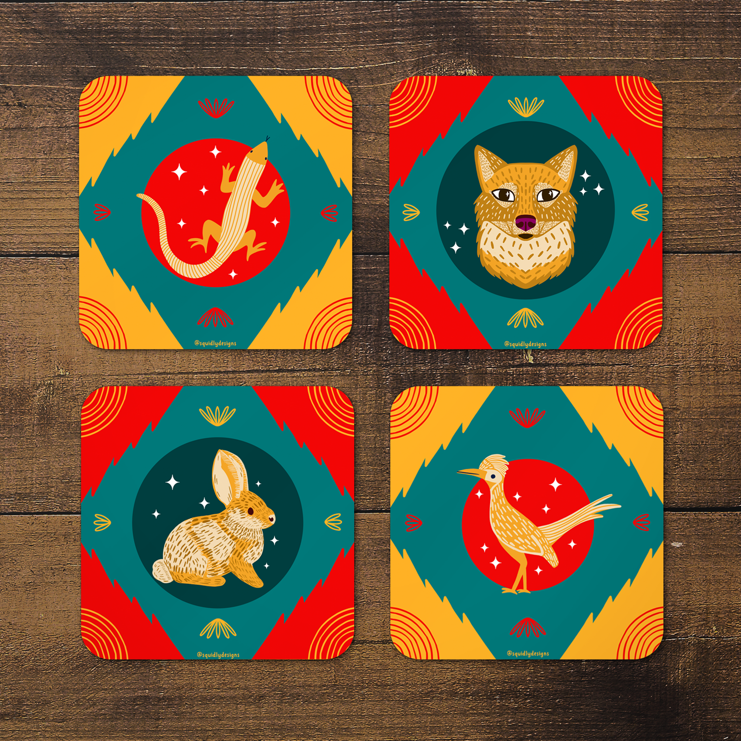Squidly Designs - Coaster Set - Desert Animals Teal and Red
