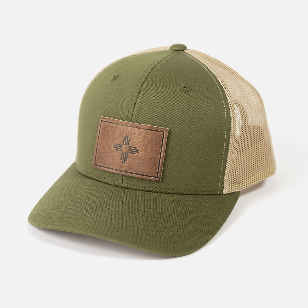 New Mexico Flag Hat | Leather Patch Trucker Hat